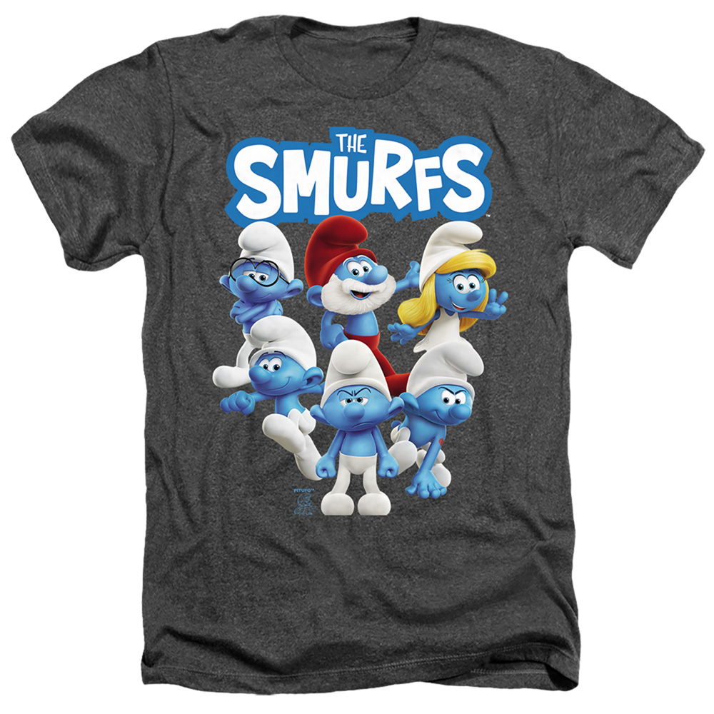 Smurfs & Group Shot-Adult Heather T-Shirt, Charcoal - Medium