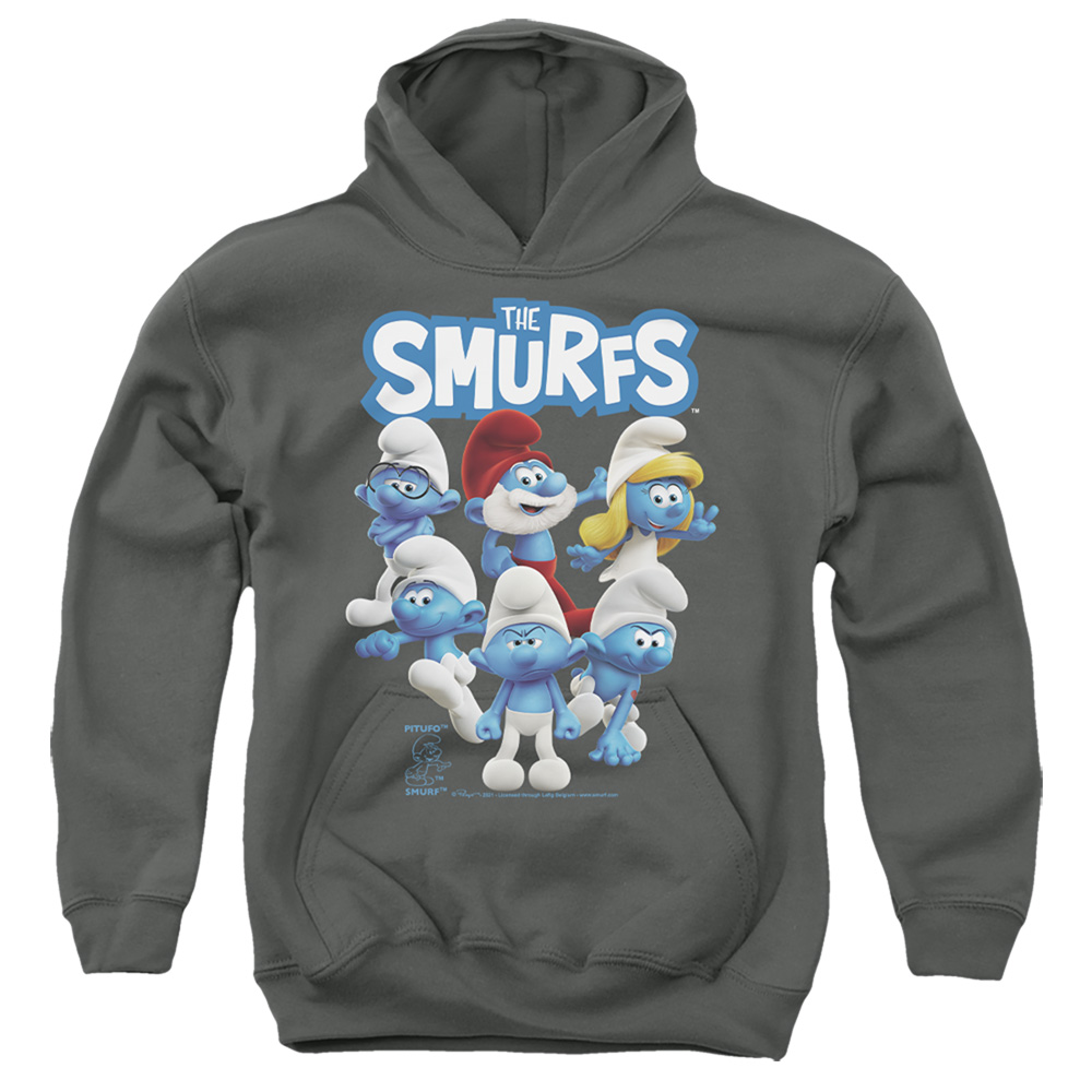 Smurfs & Group Shot-Youth Pull-Over Hoodie, Charcoal - Medium