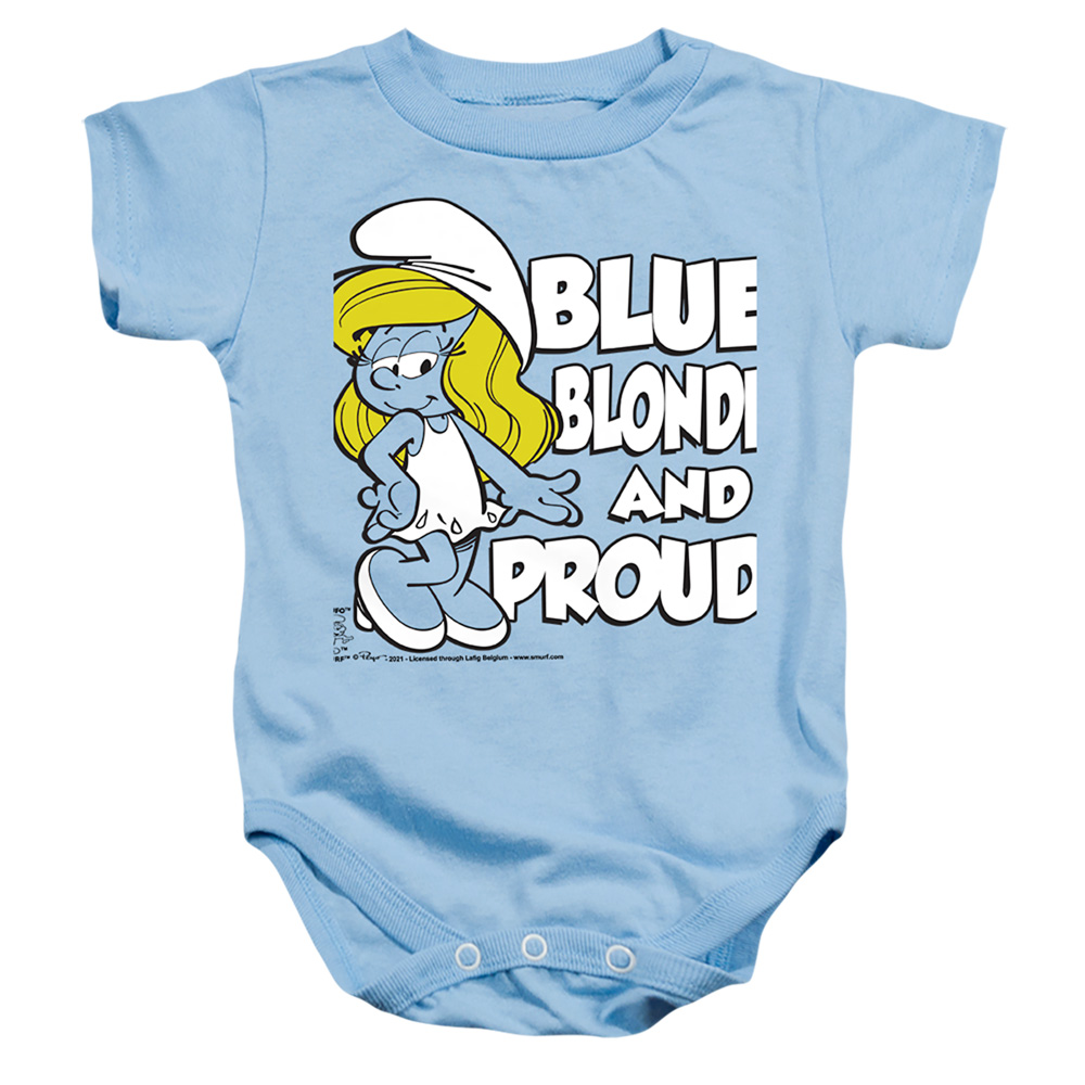 SMRF285-SS-4 Smurfs & Blue, Blonde & Proud-Infant Snapsuit, Light Blue - Extra Large - 24 Month
