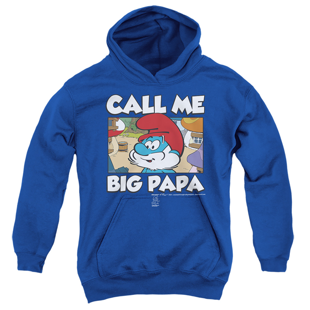 Smurfs & Call Me Big Papa-Youth Pull-Over Hoodie, Royal Blue - Medium