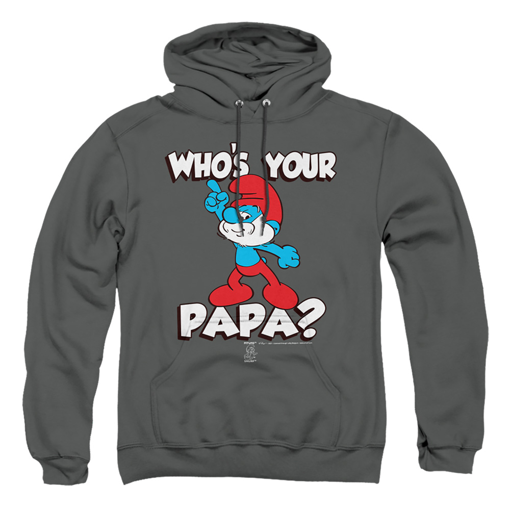 SMRF292-AFTH-2 Smurfs & Whos Your Papa-Adult Pull-Over Hoodie, Charcoal - Medium