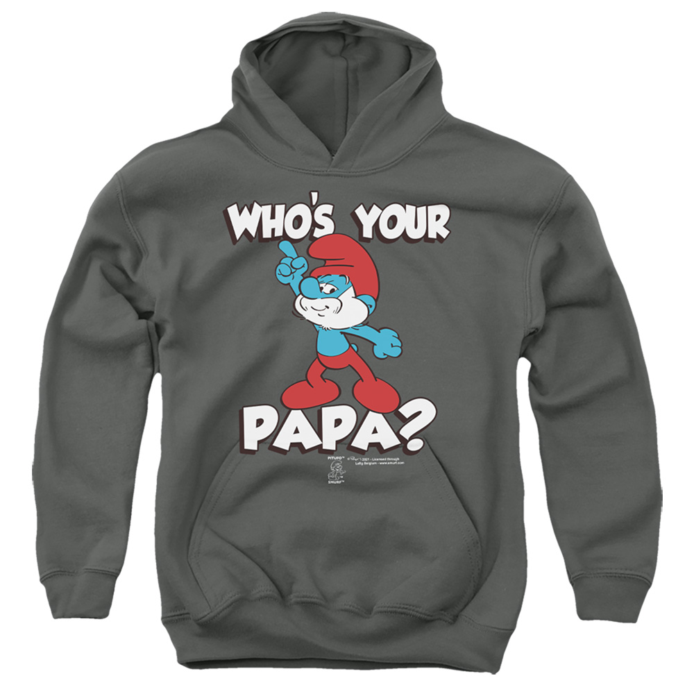 Smurfs & Whos Your Papa-Youth Pull-Over Hoodie, Charcoal - Small