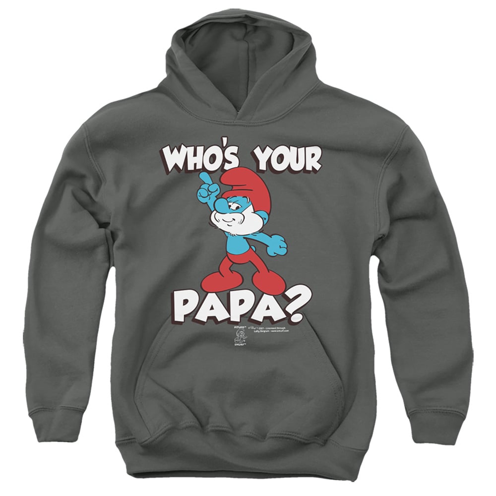 Smurfs & Whos Your Papa-Youth Pull-Over Hoodie, Charcoal - Large
