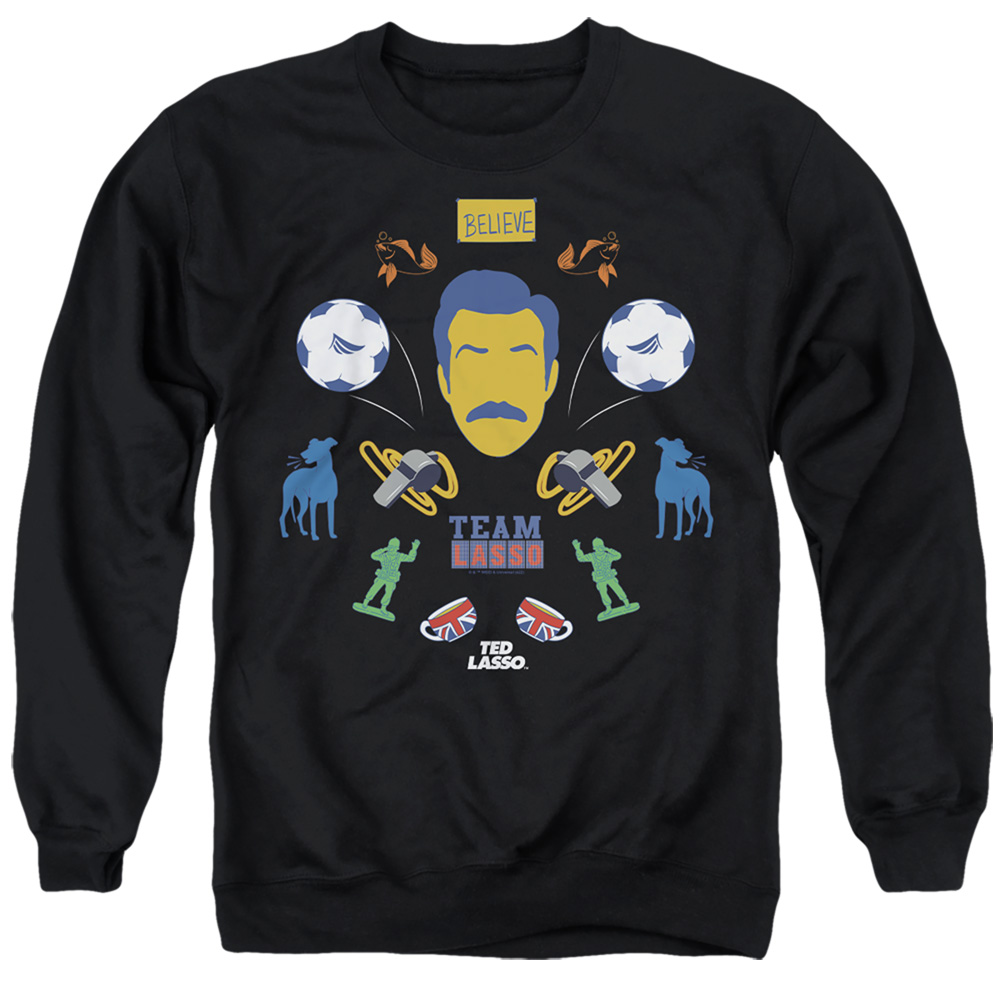 Ted Lasso & Ted Lasso Icon Collage-Adult Crewneck Sweatshirt, Black - Medium