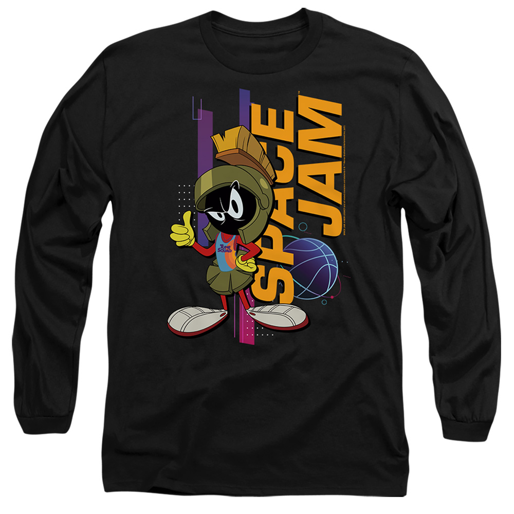Space Jam 2 & Marvin Standing-Long Sleeve Adult 18-1 T-Shirt, Black - Medium