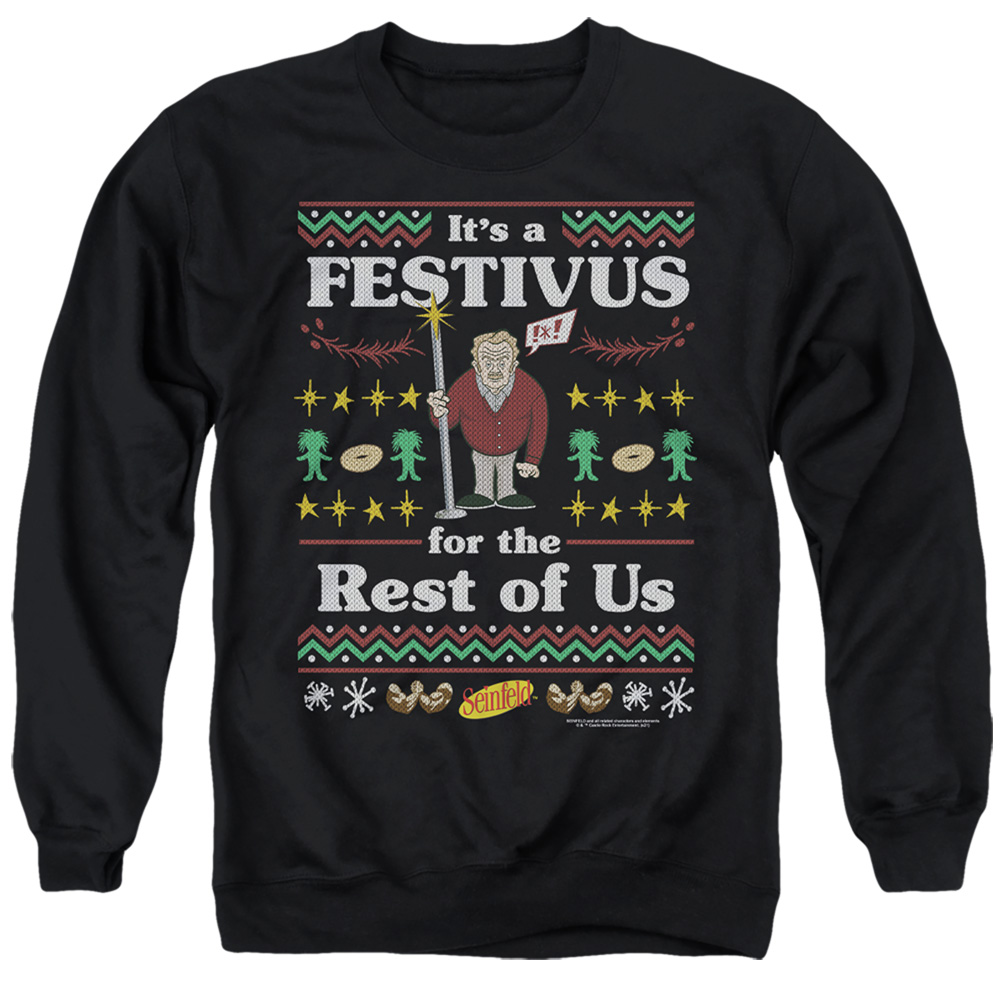 Seinfeld & Festive Festivus-Adult Crewneck Sweatshirt, Black - Medium