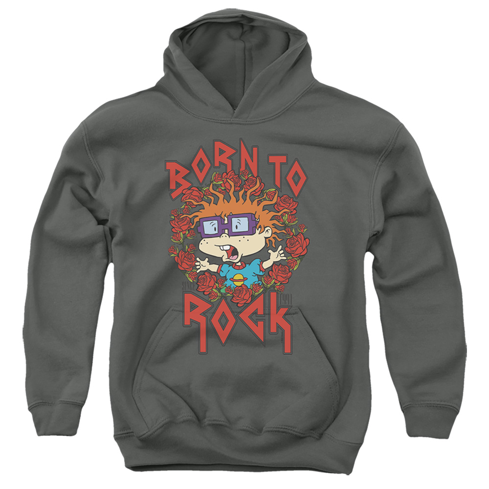 NICK238-YFTH-4 Rugrats & Chucky Was Born To Rock-Youth Pull-Over Hoodie, Charcoal - Extra Large