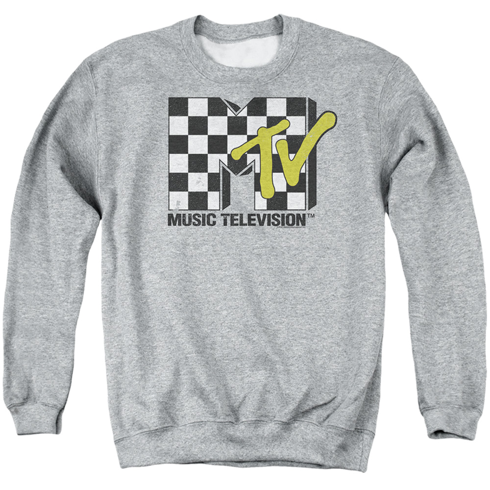 MTV & Checker Board Logo-Adult Crewneck Sweatshirt, Athletic Heather - Medium