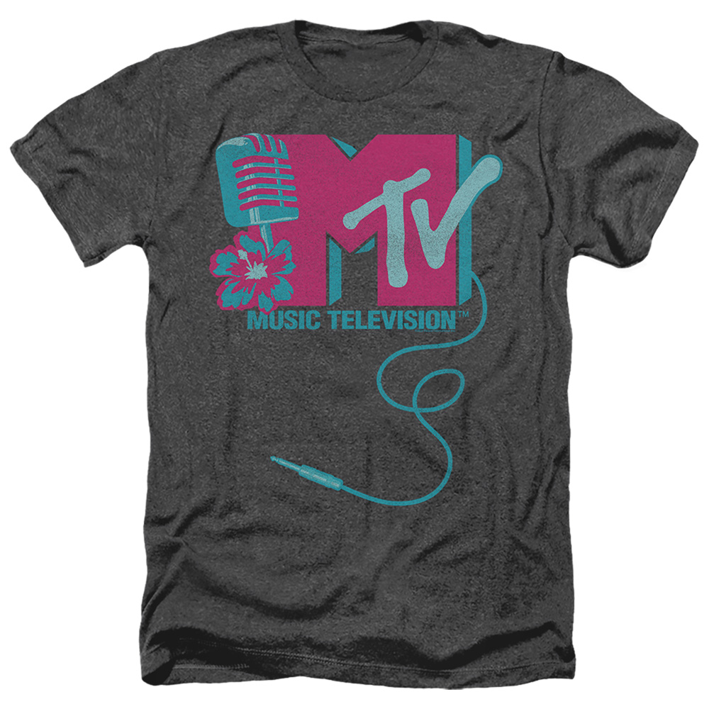 MTV & Microphone Logo-Adult Heather T-Shirt, Black - Extra Large