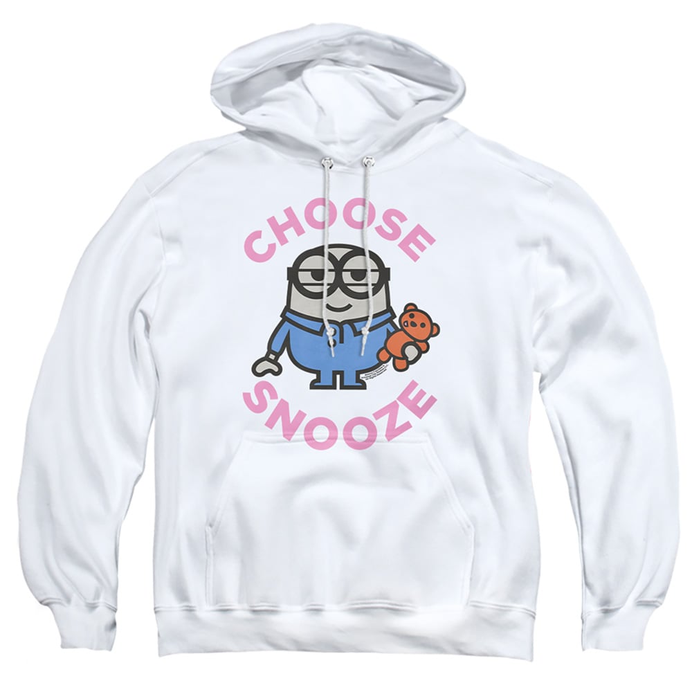 UNI1759-AFTH-1 Minions & Choose Snooze-Adult Pull-Over Hoodie, White - Small