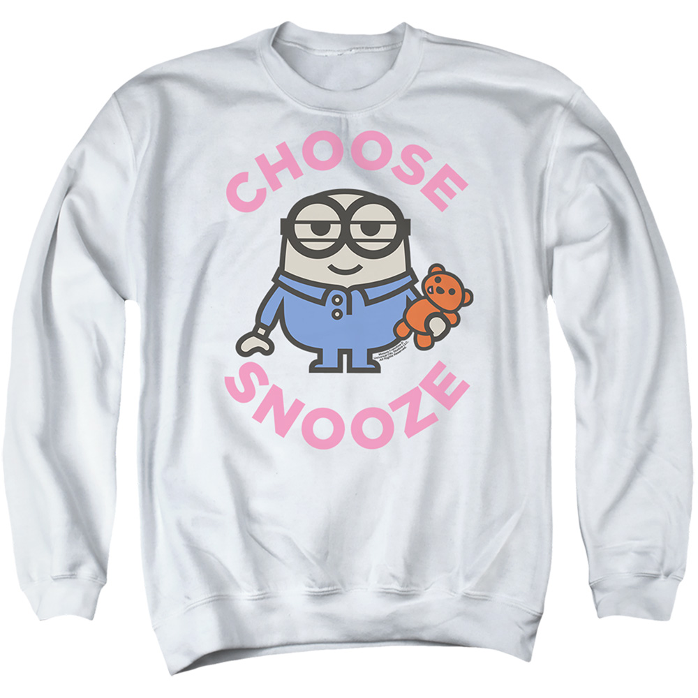 Minions & Choose Snooze-Adult Crewneck Sweatshirt, White - Medium