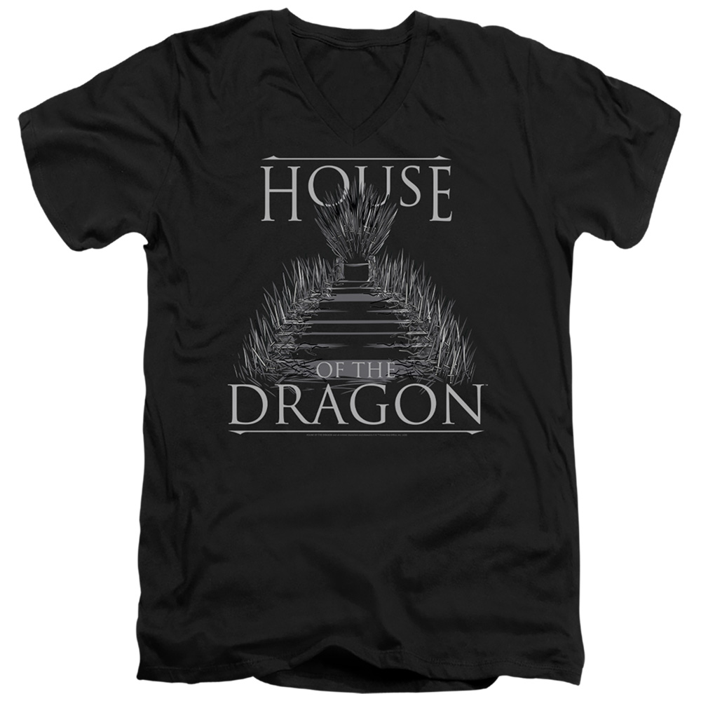 House of the Dragon & Sword Throne Short Sleeve Adult V-Neck 30-1 T-Shirt, Black - Medium