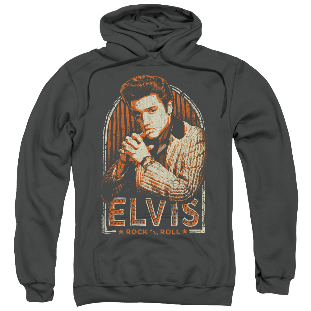 Elvis Presley & Stripes Adult Pull-Over Hoodie, Charcoal - Small