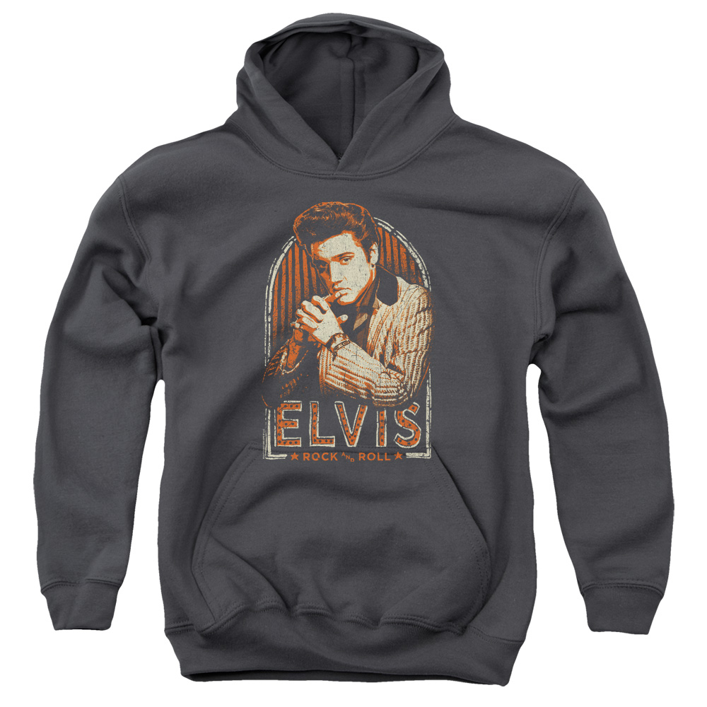 Elvis Presley & Stripes Youth Pull-Over Hoodie, Charcoal - Extra Large