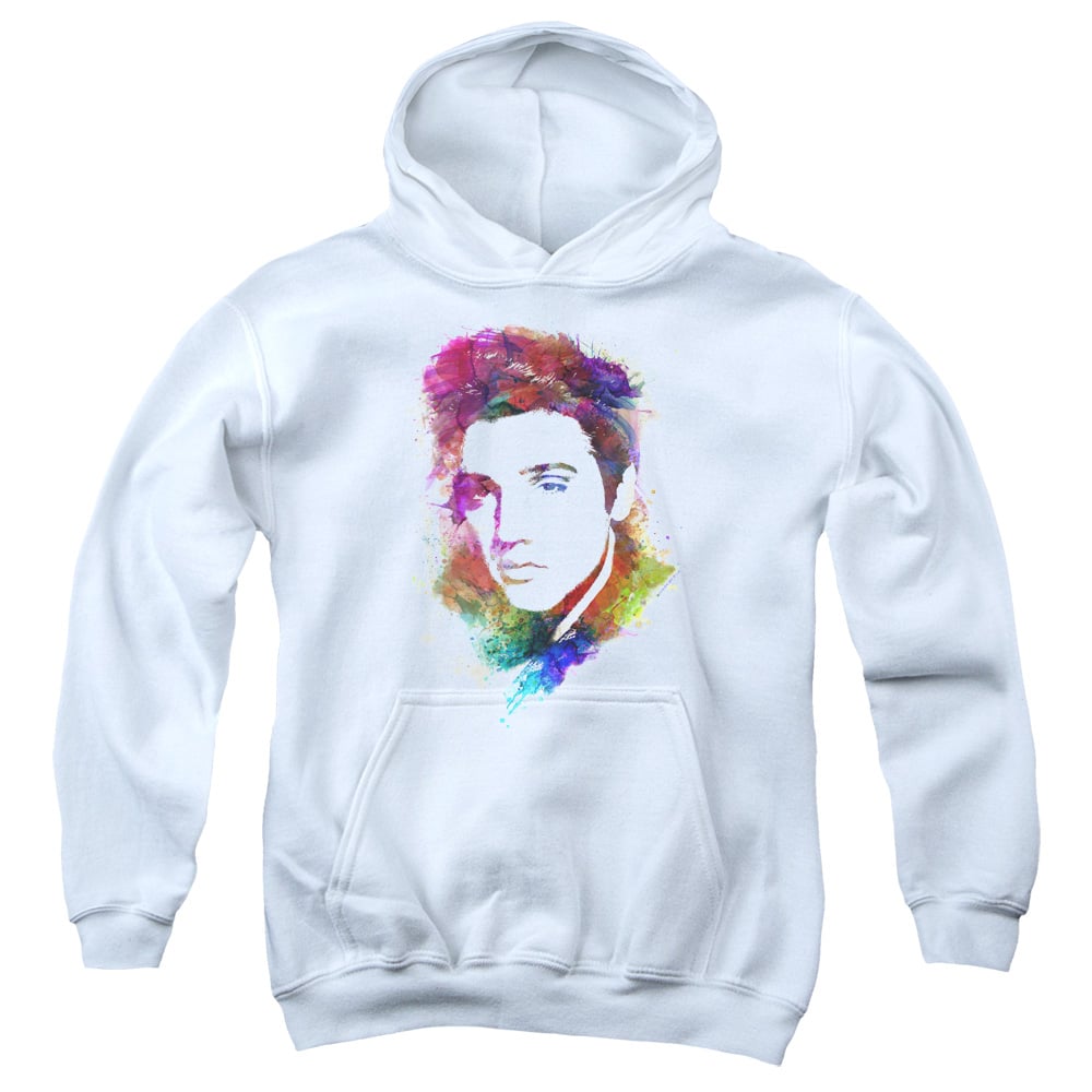 Elvis Presley Watercolor King Youth Pull Over Hoodie, White - Small