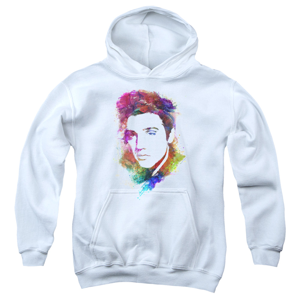 Elvis Presley Watercolor King Youth Pull Over Hoodie, White - Medium