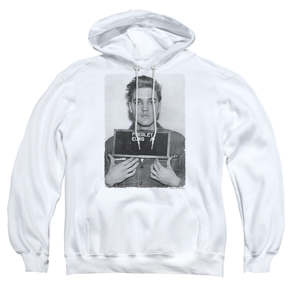 Elvis Presley Army Mug Shot Adult Pull Over Hoodie, White - Extra Large