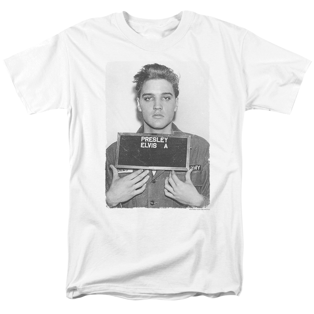 ELV867-AT-5 Elvis Presley Army Mug Shot Short Sleeve Adult 18-1 Mens T-Shirt Mens Regular Fit T-Shirt, White - 2X