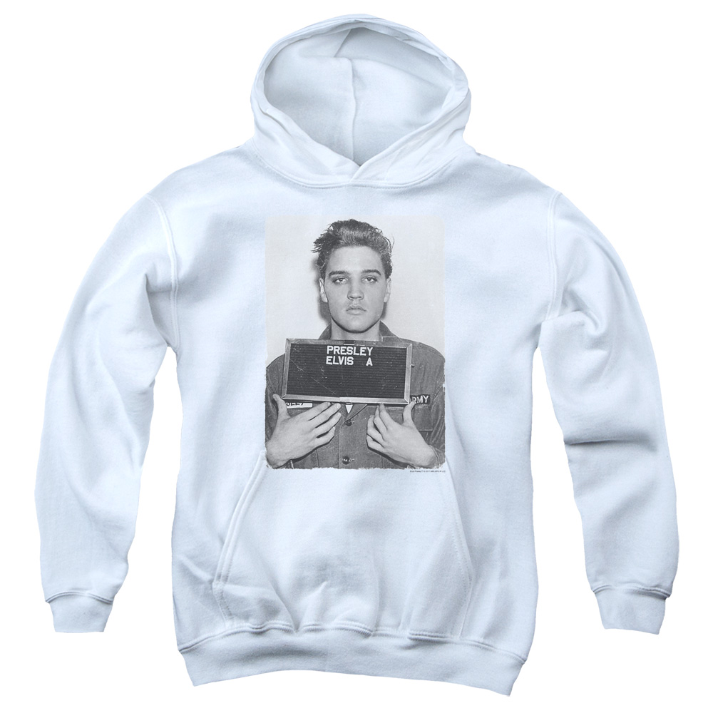 Elvis Presley Army Mug Shot Youth Pull Over Hoodie, White - Large