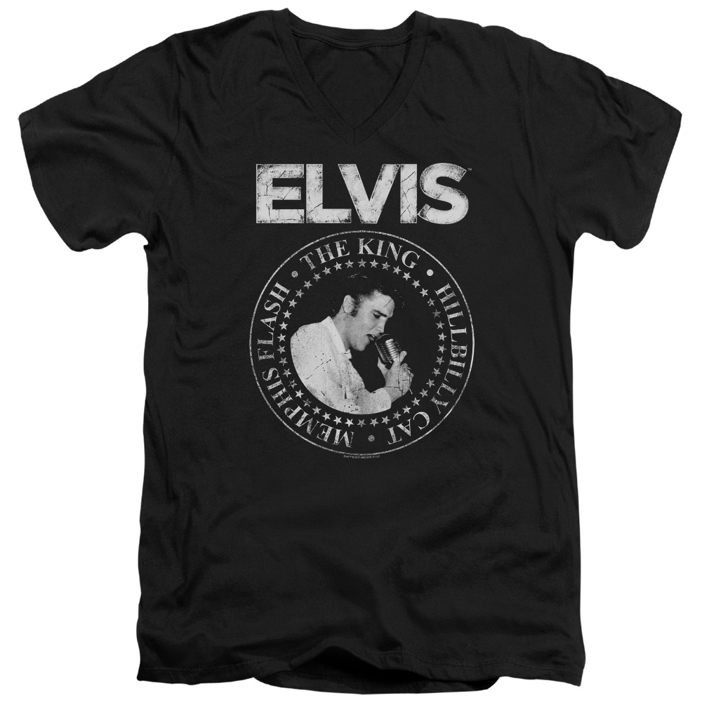 Elvis Presley Rock King Short Sleeve Adult V-Neck 30-1 Mens T-Shirt, Black - Medium