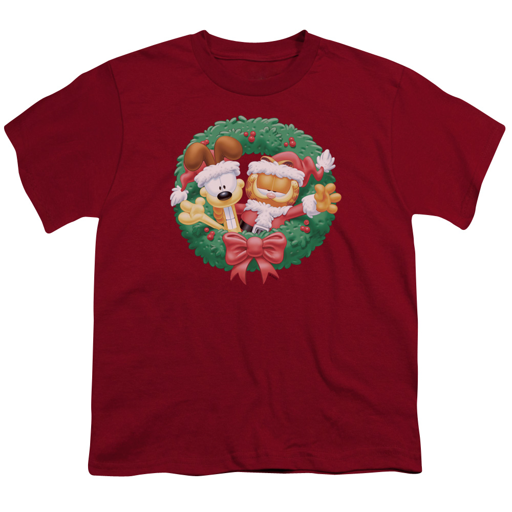 GAR305-YT-2 Garfield Christmas Wreath Short Sleeve Youth 18-1 T-Shirt, Cardinal - Medium -  Trevco