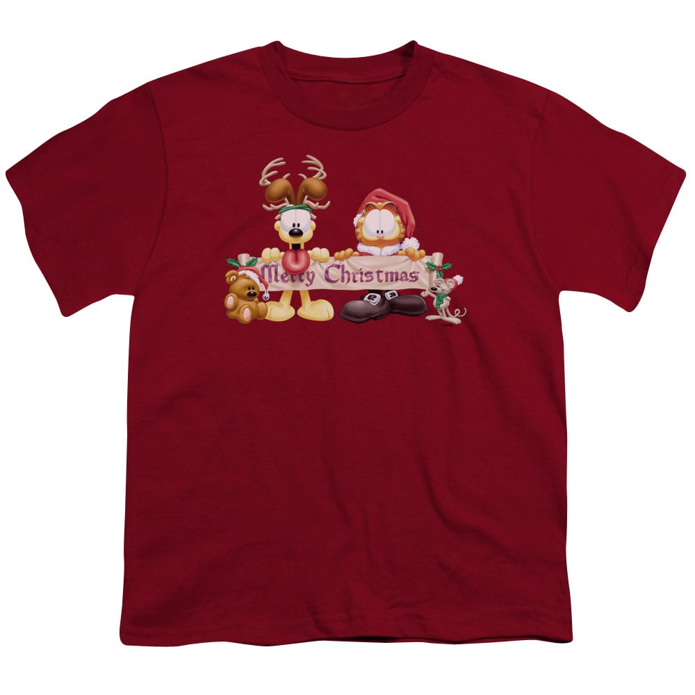 GAR319-YT-2 Garfield Christmas Banner Short Sleeve Youth 18-1 T-Shirt, Cardinal - Medium -  Trevco