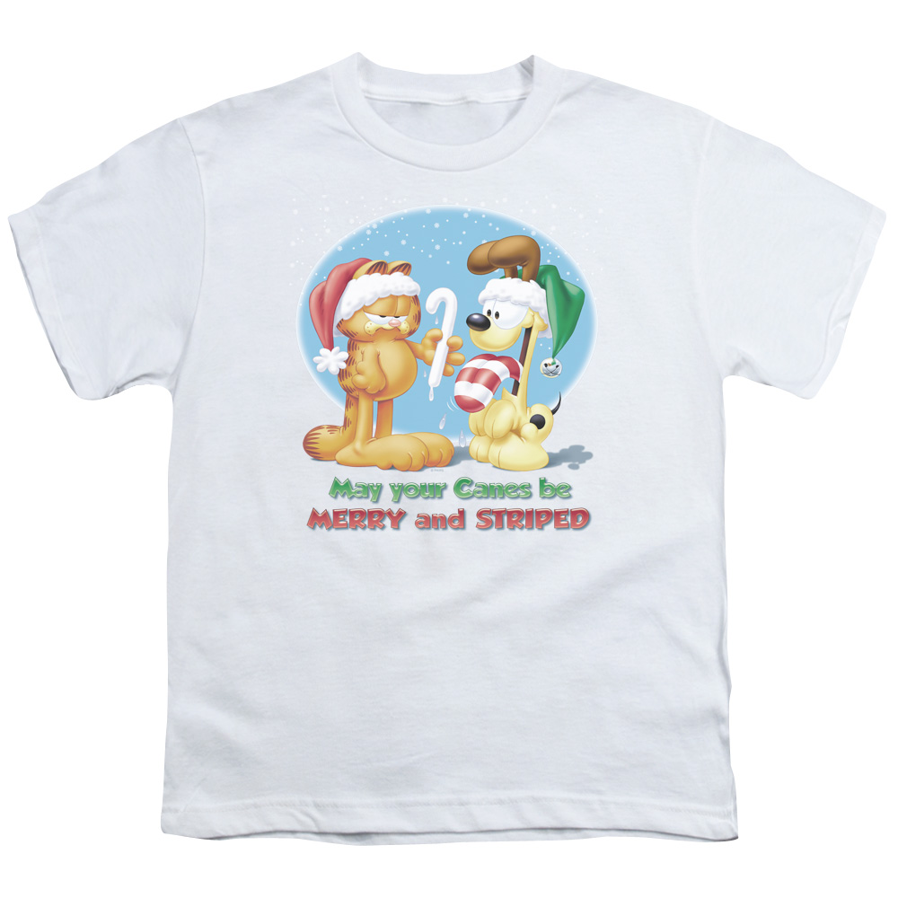 Garfield Merry & Striped Short Sleeve Youth 18-1 T-Shirt, White - Medium