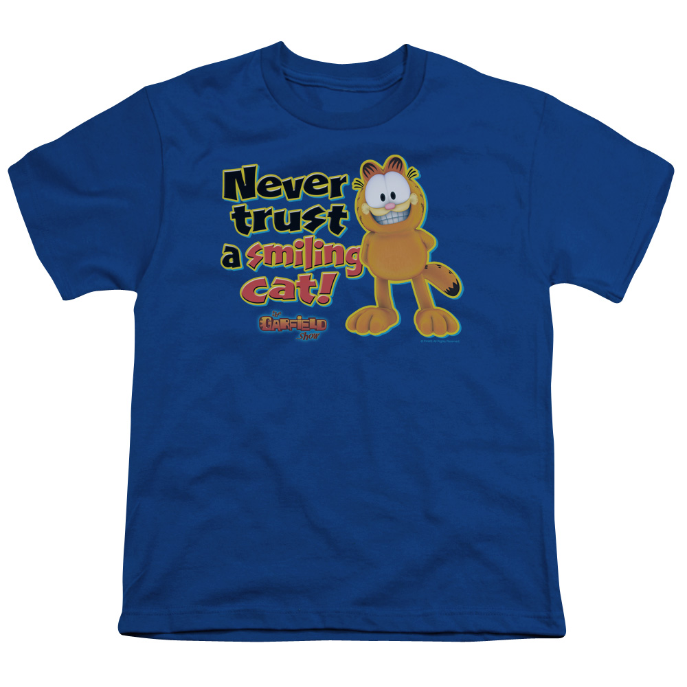 Garfield & Smiling-Short Sleeve Youth 18-1 T-Shirt, Royal Blue - Medium