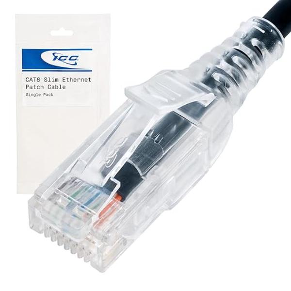 -ICPCSH01BK Slim CAT6 Ethernet Patch Cable with Transparent Boot Strain Relief, Black