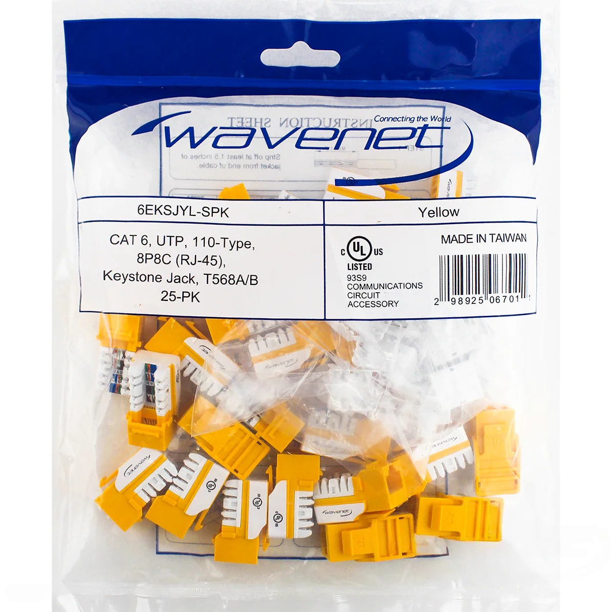 WAV-6EKSJYL-25PK CAT6 Keystone Jack, Yellow - Pack of 25