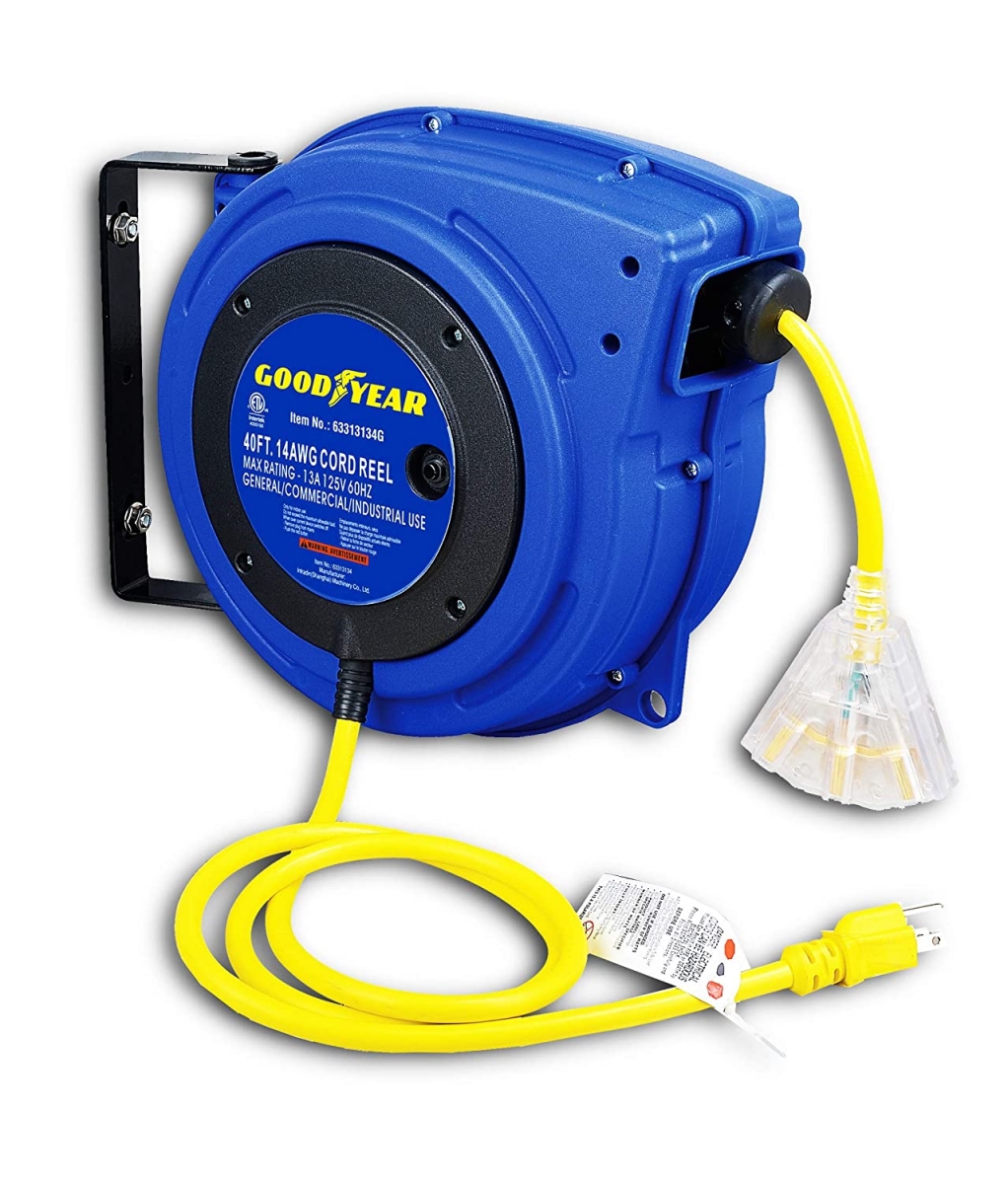 Retractable Extension Cord Reel with Triple Outlets, Blue