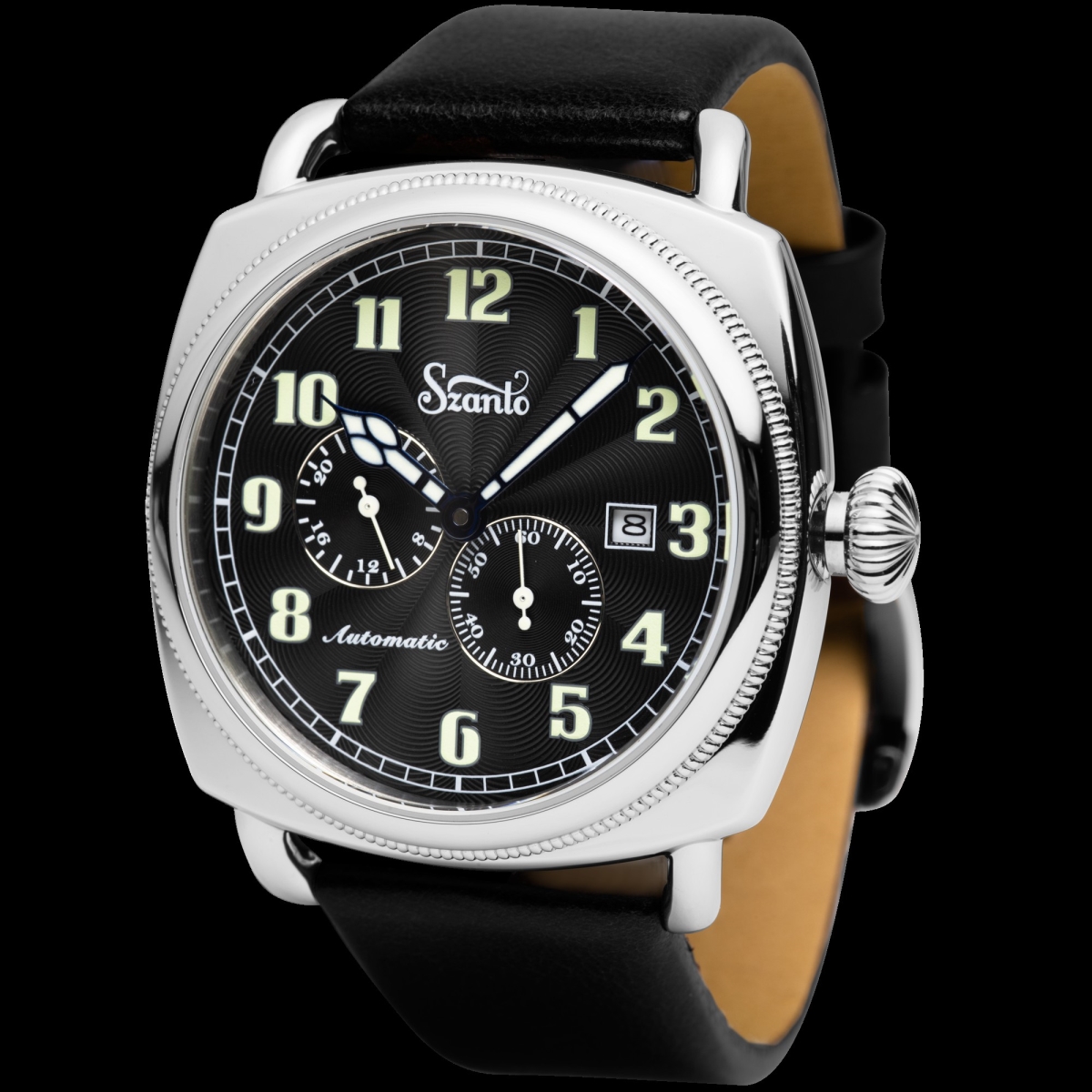 SZ 6201E Officers Automatic Series Watch, Polished Stainless Steel Case - Black Dial - Black Leather Strap