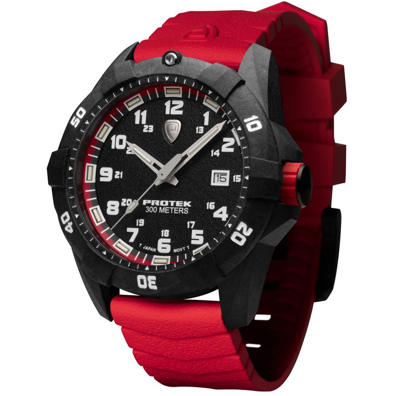 1002R Dive 1000 Series Carbon Composite Case Watch, Black with Red Dial - Rubber Red Strap
