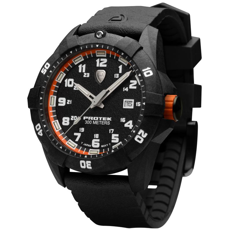 1004 Dive 1000 Series Carbon Composite Case Watch, Black with Orange Dial - Rubber Charcoal Strap