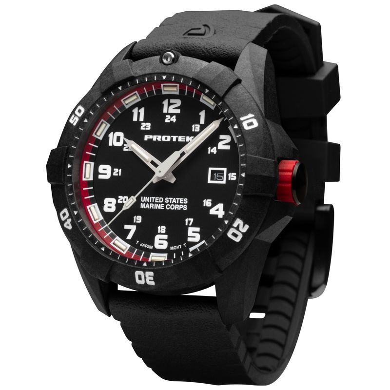 1012 Dive 1010 Series USMC Carbon Composite Case Watch, Black with Red Dial - Rubber Charcoal Strap