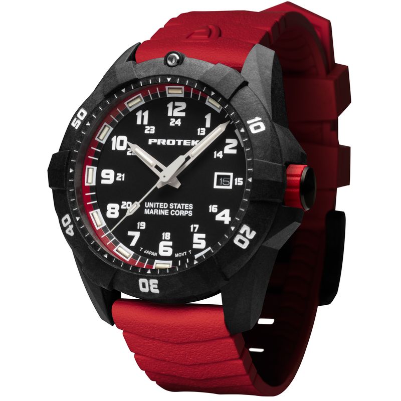 1012R Dive 1010 Series USMC Carbon Composite Case Watch, Black with Red Dial - Rubber Red Strap