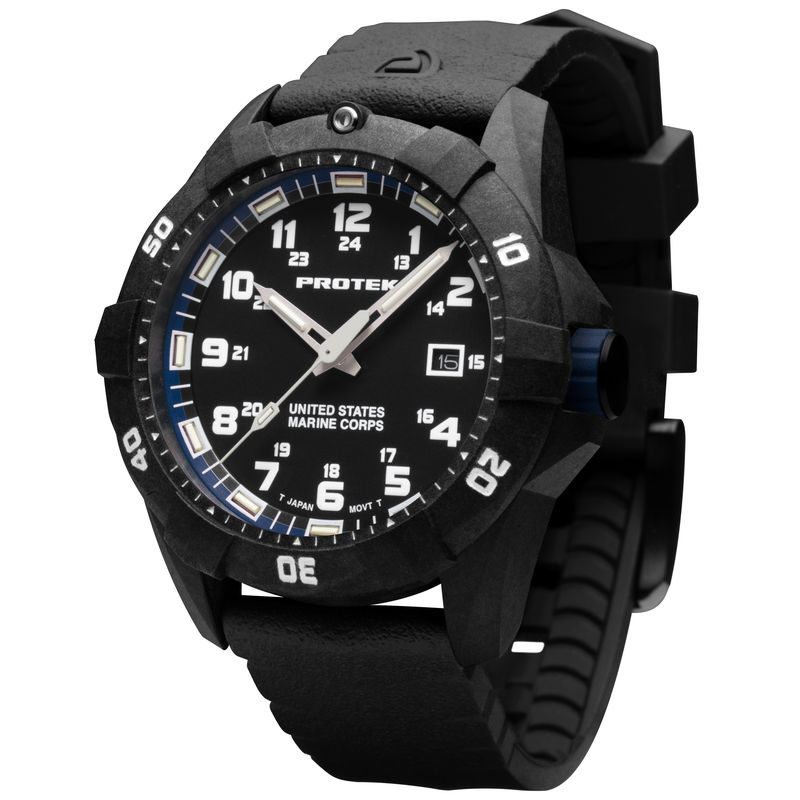 1013 Dive 1010 Series USMC Carbon Composite Case Watch, Black with Blue Dial - Rubber Charcoal Strap