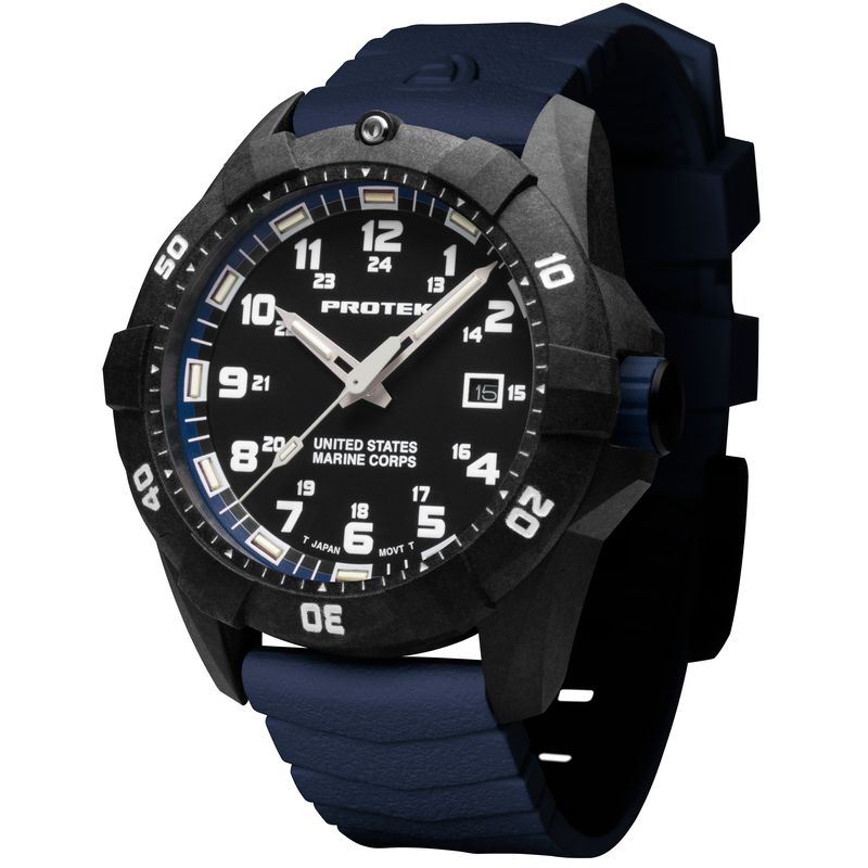 1013B Dive 1010 Series USMC Carbon Composite Case Watch, Black with Blue Dial - Rubber Dark Blue Strap
