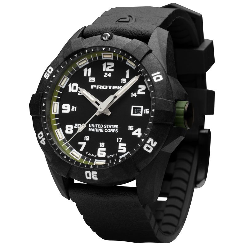 1015 Dive 1010 Series USMC Carbon Composite Case Watch, Black with Green Dial - Rubber Charcoal Strap