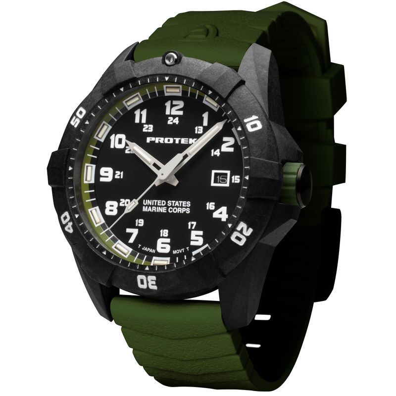 1015G Dive 1010 Series USMC Carbon Composite Case Watch, Black with Green Dial - Rubber Green Strap
