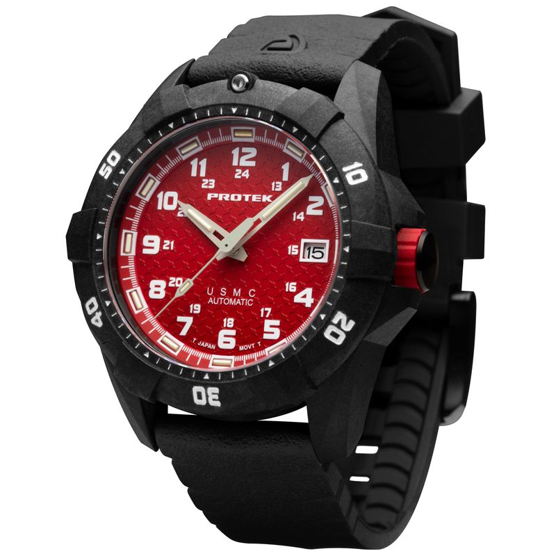 1212 Dive 1200 Series USMC Automatic Carbon Composite Case Watch, Red Dial - Rubber Charcoal Strap