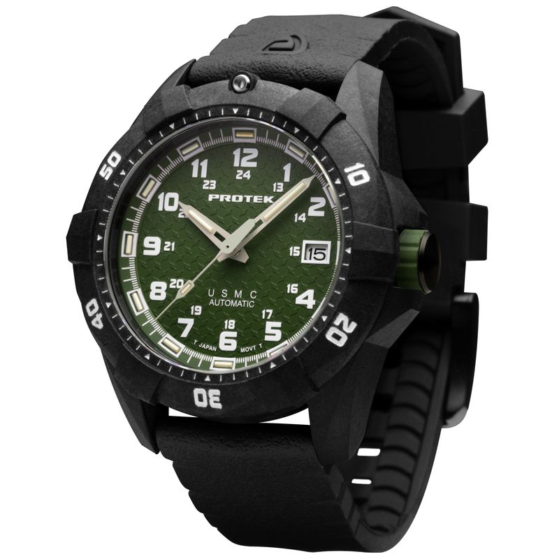 1215 Dive 1200 Series USMC Automatic Carbon Composite Case Watch, Green Dial - Rubber Charcoal Strap