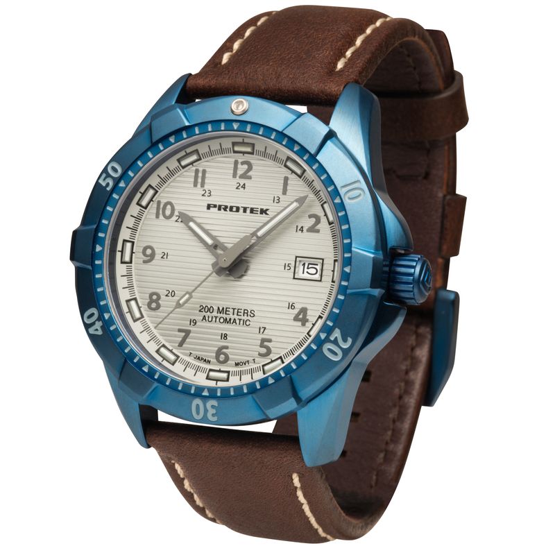 2213 Dive 2200 Series Automatic IP Blue Steel Case Watch, Gray Sand Dial - Leather Dark Brown Strap