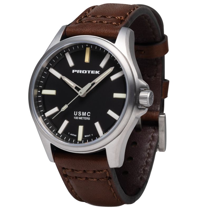 3101 Field 3100 Series USMC Titanium Case Watch, Black Dial - Leather Dark Brown Strap