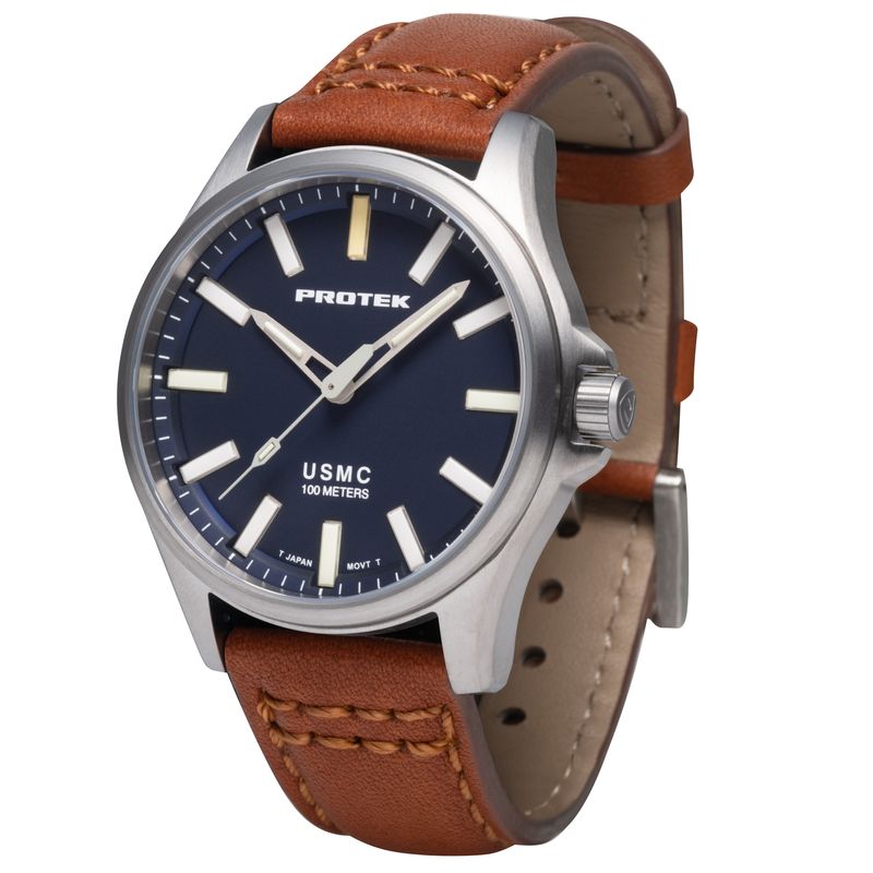 3103 Field 3100 Series USMC Titanium Case Watch, Dark Blue Dial - Leather Dark Tan Strap