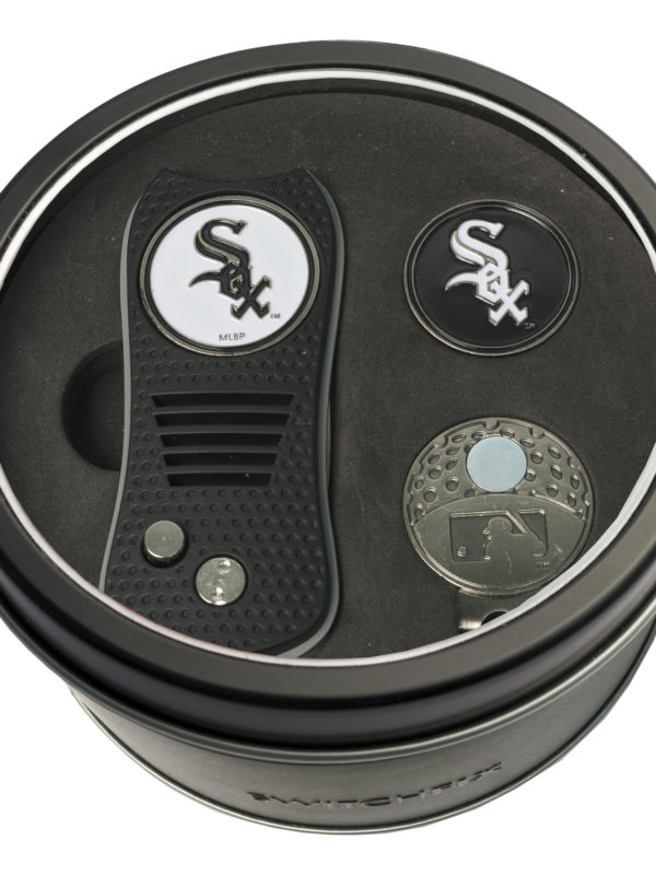 Team Golf MLB Chicago White Sox Tin Ball Marker Gift Set with Retractable Divot Tool, Cap Clip and 2 Double-Sided Enamel Ball Markers, Patented Design, Less Damage to Greens