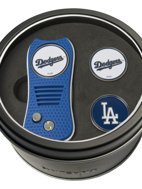 Team Golf MLB Los Angeles Dodgers 2 Ball Markers Tin Gift Set with Retractable Divot Tool and 3 Double-Sided Magnetic Ball Markers, Patented Single Prong Design, Causes Less Damage to Greens
