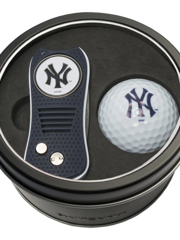 Team Golf MLB New York Yankees Tin Golf Ball Gift Set with Retractable Divot Tool and Double-Sided Magnetic Ball Marker & Golf Ball, Patented Single Prong Design, Less Damage to Greens