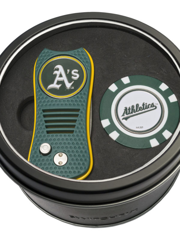 Team Golf MLB Oakland Athletics Tin Golf Chip Gift Set with Retractable Divot Tool and Chip, Includes 2 Double-Sided Enamel Ball Markers, Patented Design, Less Damage to Greens