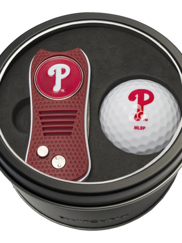 Team Golf MLB Philadelphia Phillies Tin Golf Ball Gift Set with Retractable Divot Tool and Double-Sided Magnetic Ball Marker & Golf Ball, Patented Single Prong Design, Less Damage to Greens